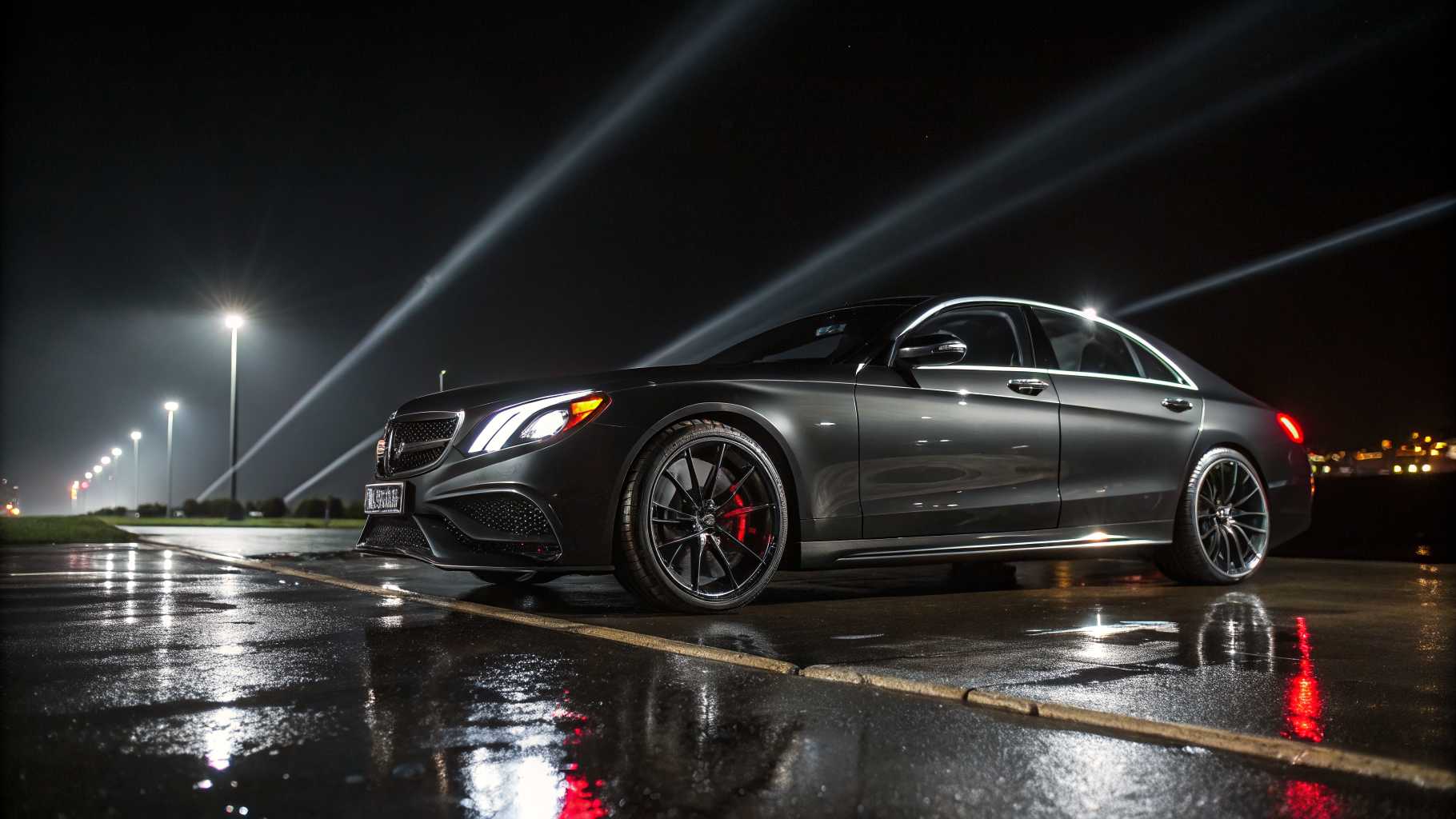 Performance vehicle on wet midnight asphalt