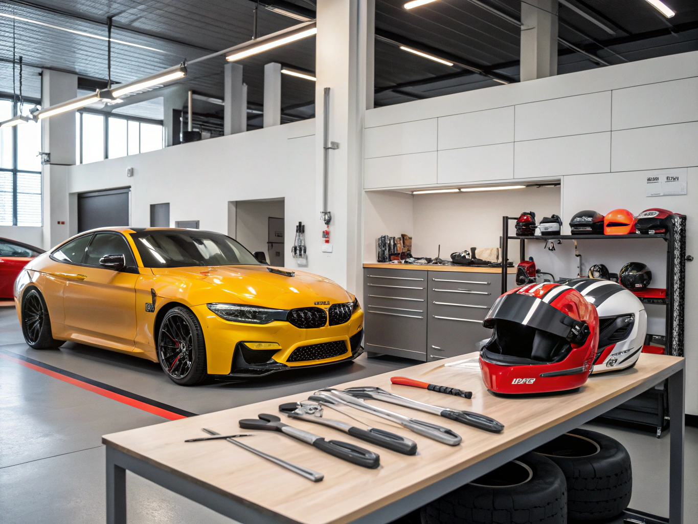 Precision automotive accessories and technical tools arranged in a workbench setup